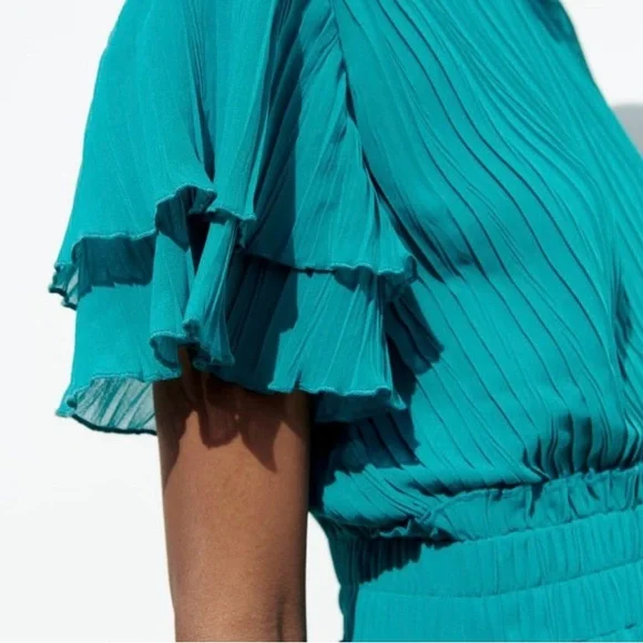 💫HP‼️💫 NWT ZARA Pleated Midi Dress in Teal, Size Medium - Picture 6 of 11